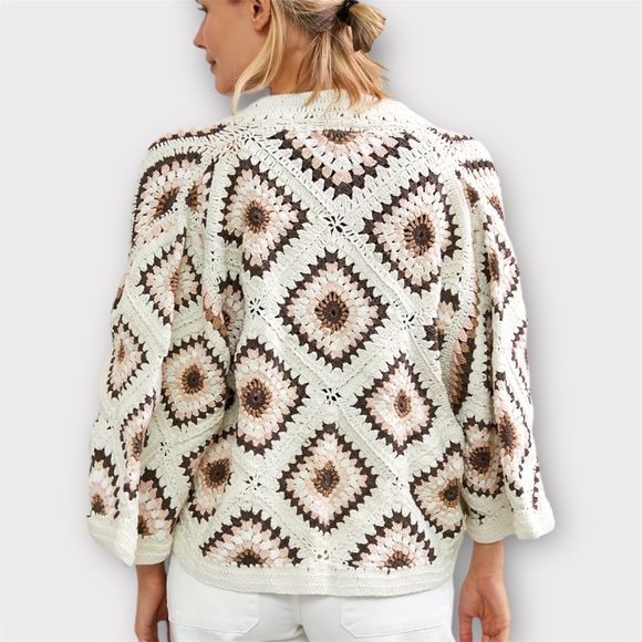 Anthropologie Amber Crochet Cardigan Sweater O/S Cream Granny Square Cottagecore - Picture 12 of 12